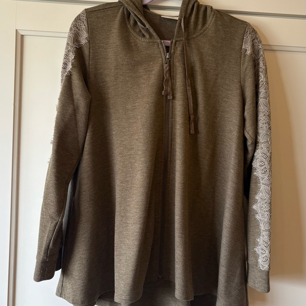 LOGO by Lori Goldstein Khaki Lace Sleeve Hoodie